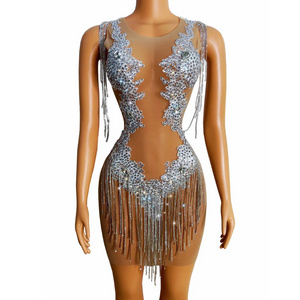 Sexy See Through Cut Out Crystal Dinner Gown Dance Wear Slim Fit Birthday Prom Sheath Dress Women Tassel Sexy Party Club Dress