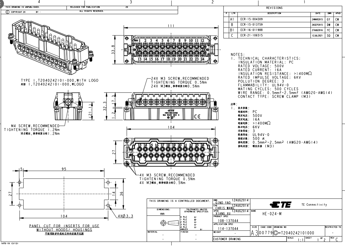 T2040242101-000 heavy duty connection Rectangular Contact Inserts Contact Insert, Pin, 24+PE Pole Configuration,