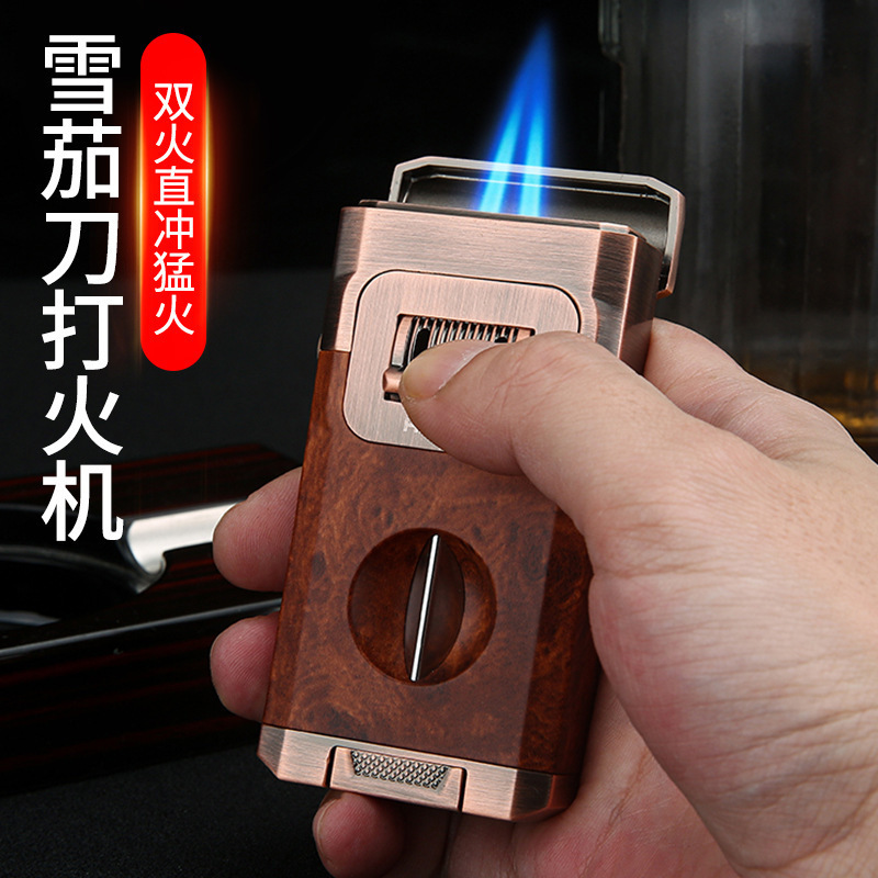 Luxury Metal Gas Windproof Lighter Dual Jet Flame Refillable Butane Cigar Lighter Torch And Cutter Set