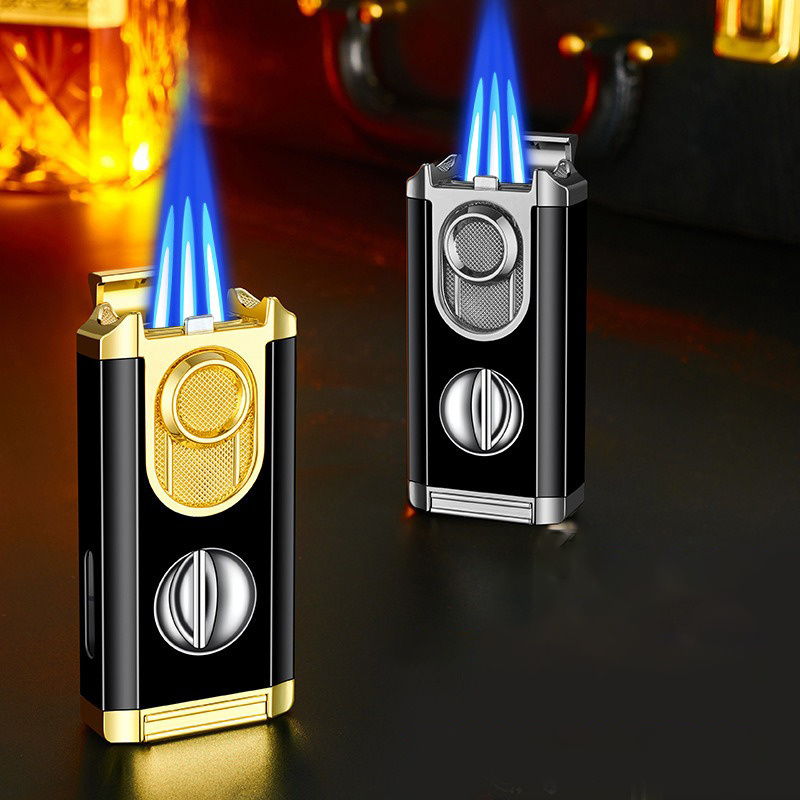 Customize Torch Lighter Butane Gas Refillable Luxury Lighter Metal Jet Triple Flame 3 In 1 Cigar Lighter And Cutter