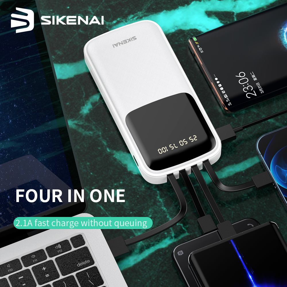 Sikenai 10000 mah Battery Portable With Cable LED Digital Display 4 USB Port of Power Bank for iphone Xiaomi