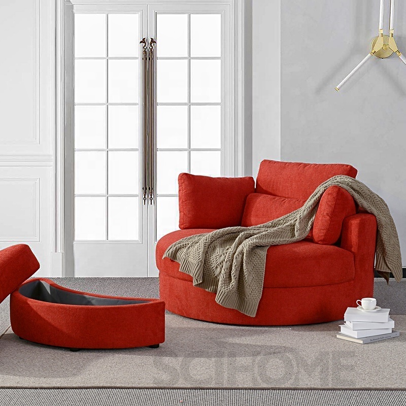 Linen Fabric Swivel Accent Barrel Big Round Lounge Sofa Chair With Storage Ottoman And Pillows