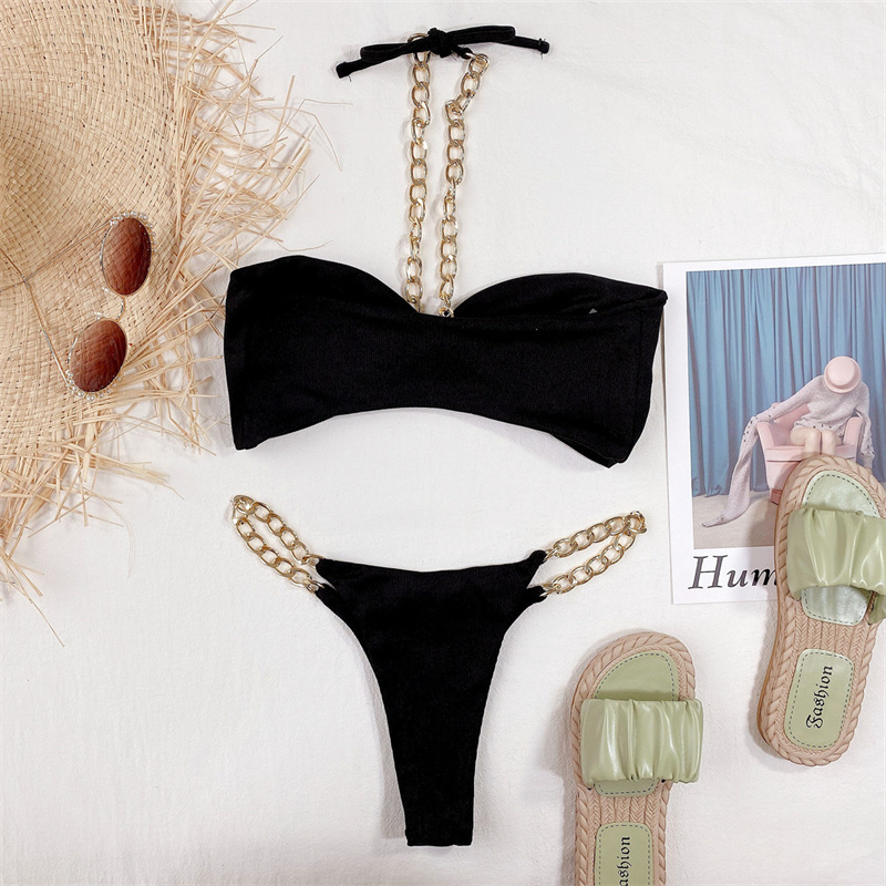 Halloween Sexy Costumes Bikini Strapless Fashion Maillot De Bain Bikini High Cut Thong New Chain Bathing Suit