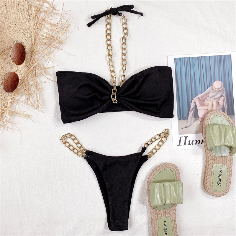 Halloween Sexy Costumes Bikini Strapless Fashion Maillot De Bain Bikini High Cut Thong New Chain Bathing Suit