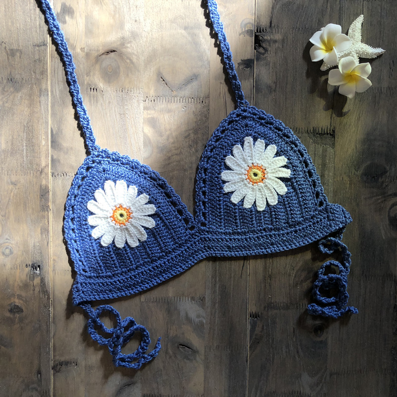 Hand Crochet Lace Crop Top Mini Sunflower Bathing Bikini  Swimming Top Ladies Tank Top