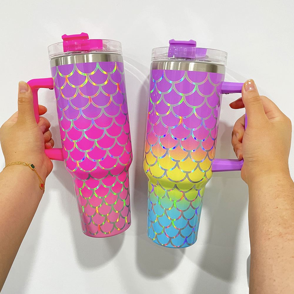 40oz fish scales print white purple pink green rosy Holographic Mermaid Travel Coffee Mug with Handle and Straw in stock