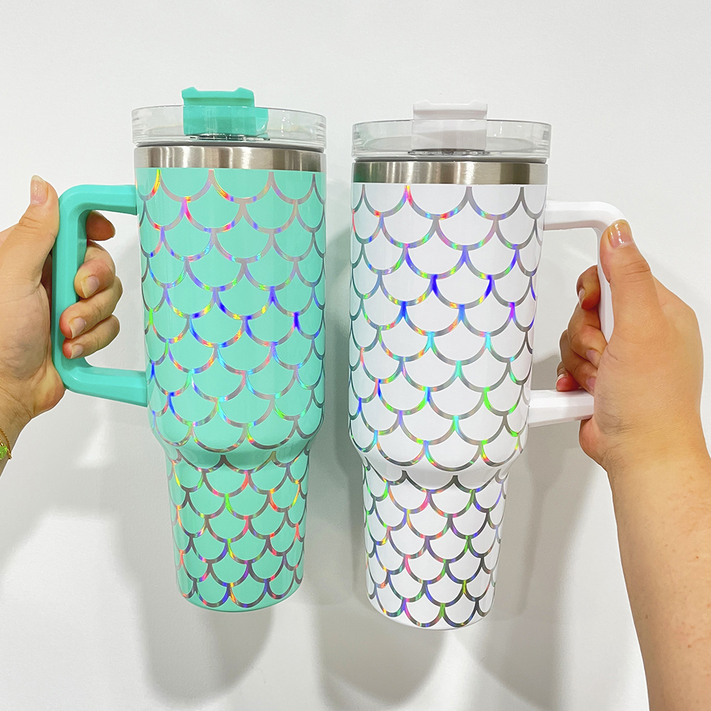 40oz fish scales print white purple pink green rosy Holographic Mermaid Travel Coffee Mug with Handle and Straw in stock