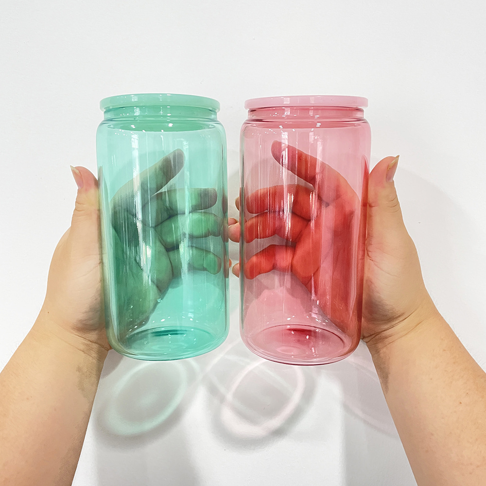 PP Lid 16oz Jelly Glass Can Transparent Blank Sublimation Beer Soda Can Shaped Glass Mug Jelly Candy Color Ice Coffe Cup