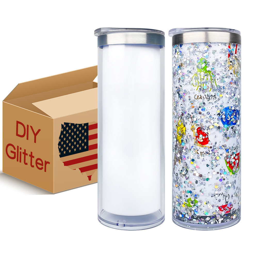 USA warehouse 20oz DIY glitter snow globe sublimation storyboard straight tumbler coffee mugs with sliding lids For hot printing