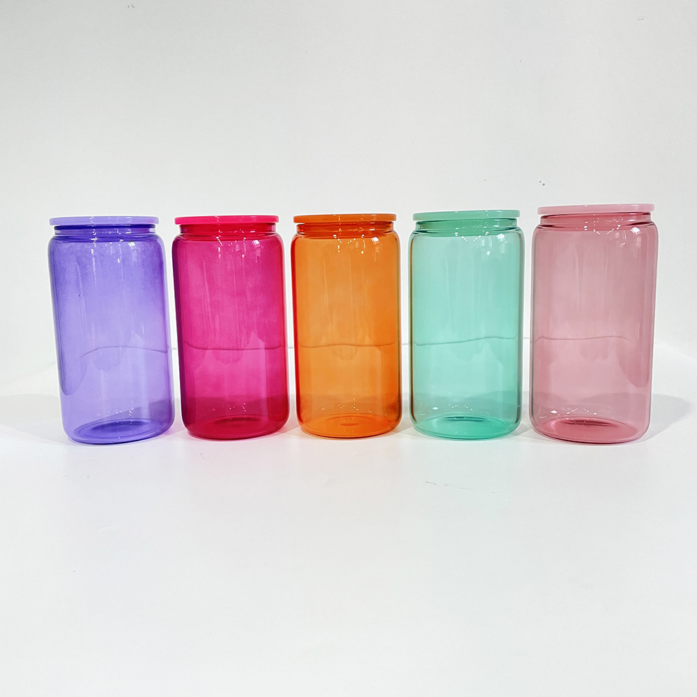 PP Lid 16oz Jelly Glass Can Transparent Blank Sublimation Beer Soda Can Shaped Glass Mug Jelly Candy Color Ice Coffe Cup