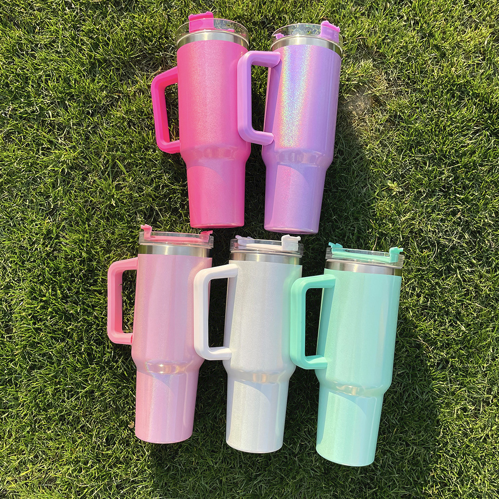 40 Oz Stainless Steel Sublimation blank Tumbler With Handle Rainbow Shimmer glitter Coffee Beer Mug Wine Tumbler Cups