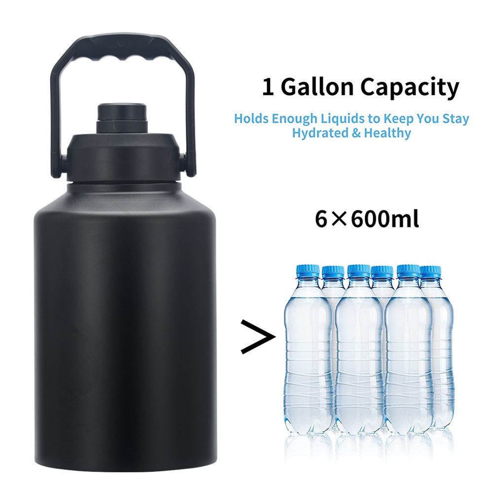 Custom 1Gallon Insulated Water Bottle Jug 128 oz Large Stainless Steel Sports Metal Water Canteen With Handle Straw 2 Lids