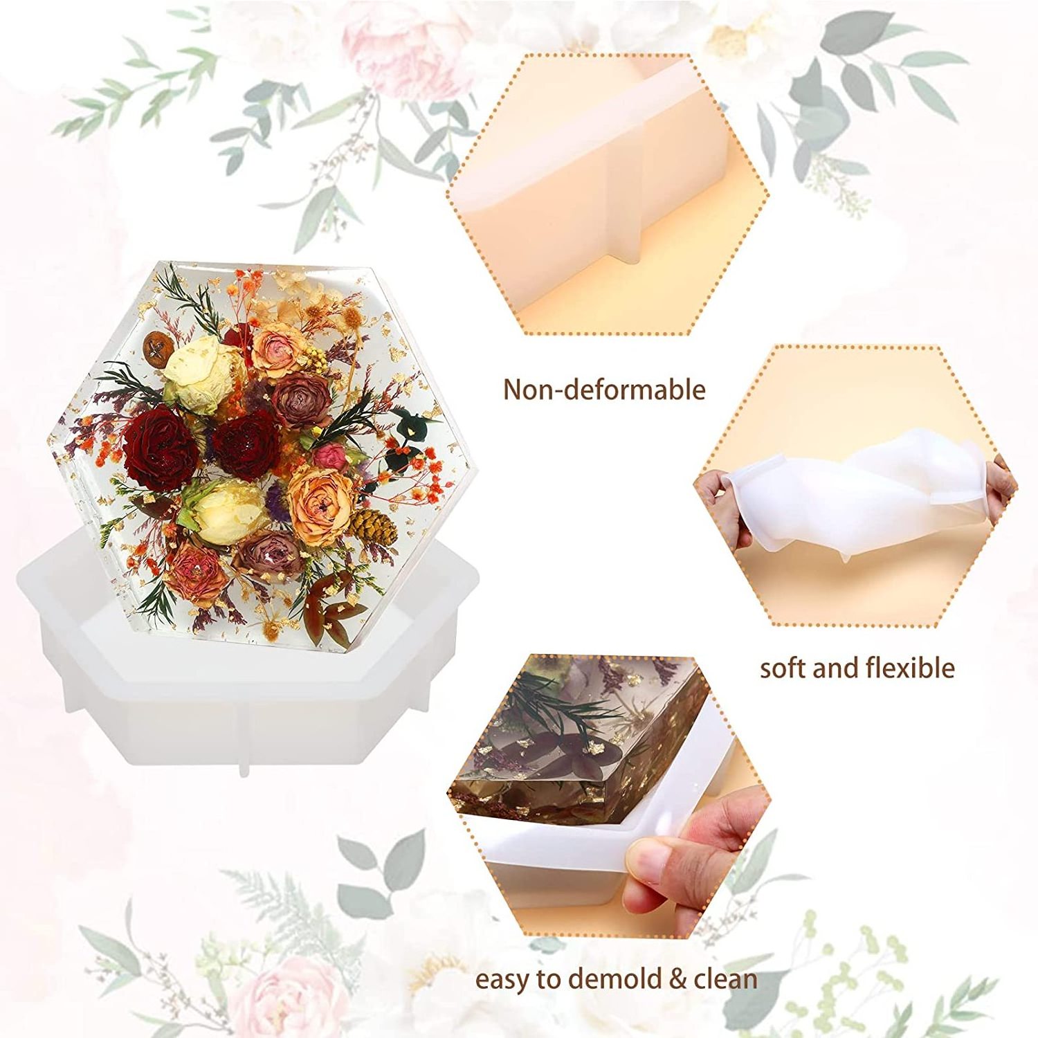 Large Resin Molds Silicone Kit bundle, Hexagon, Heart, Square Coaster Epoxy Resin Casting Mold for Flower Preservation Bookends