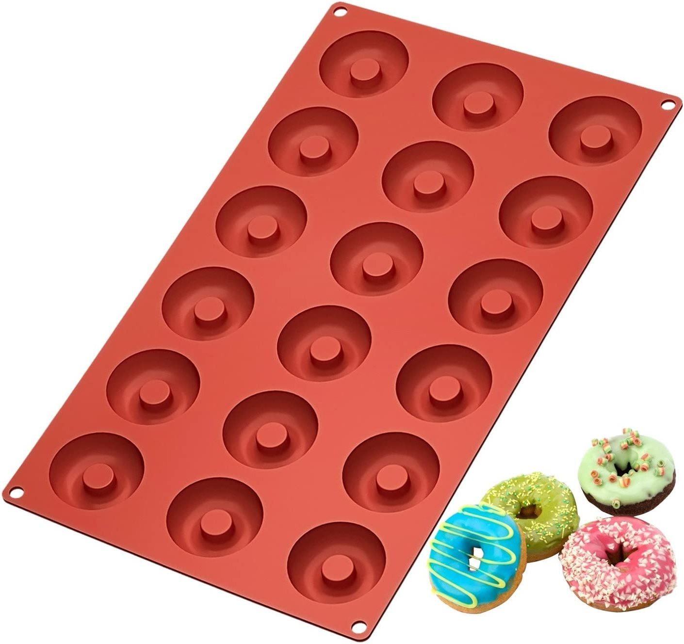 Silicone Mini Donut Pan, 18 Cavity Doughnut Baking Mold Tray - Muffin Cups, Cake Mold, Biscuit Mold, Red