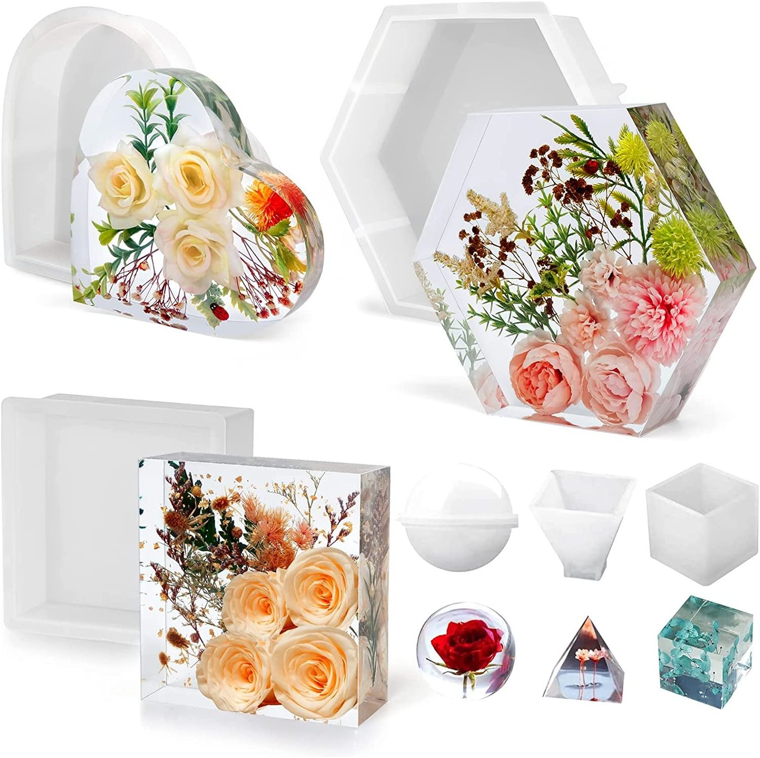 Large Resin Molds Silicone Kit bundle, Hexagon, Heart, Square Coaster Epoxy Resin Casting Mold for Flower Preservation Bookends