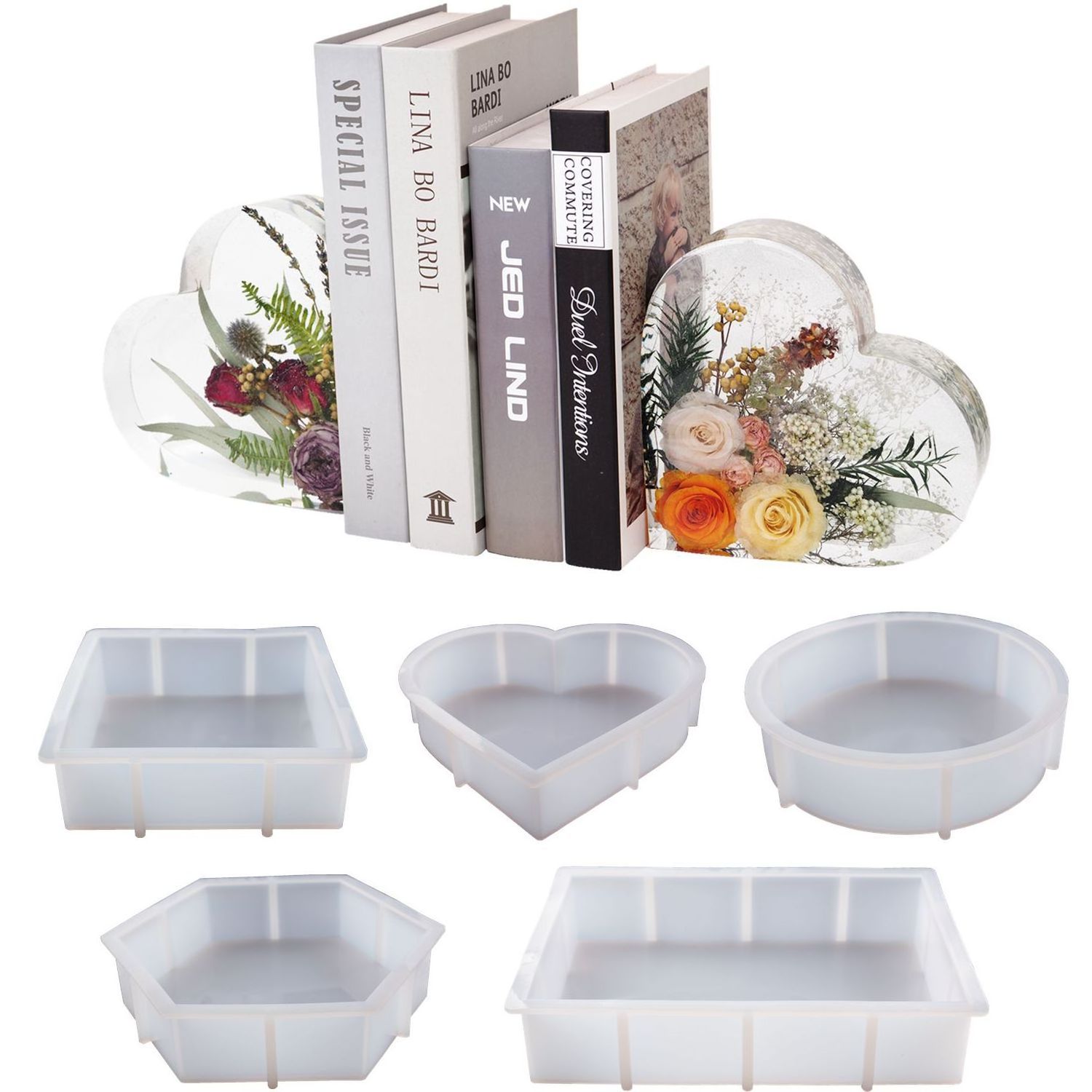 Large Resin Molds Silicone Kit bundle, Hexagon, Heart, Square Coaster Epoxy Resin Casting Mold for Flower Preservation Bookends