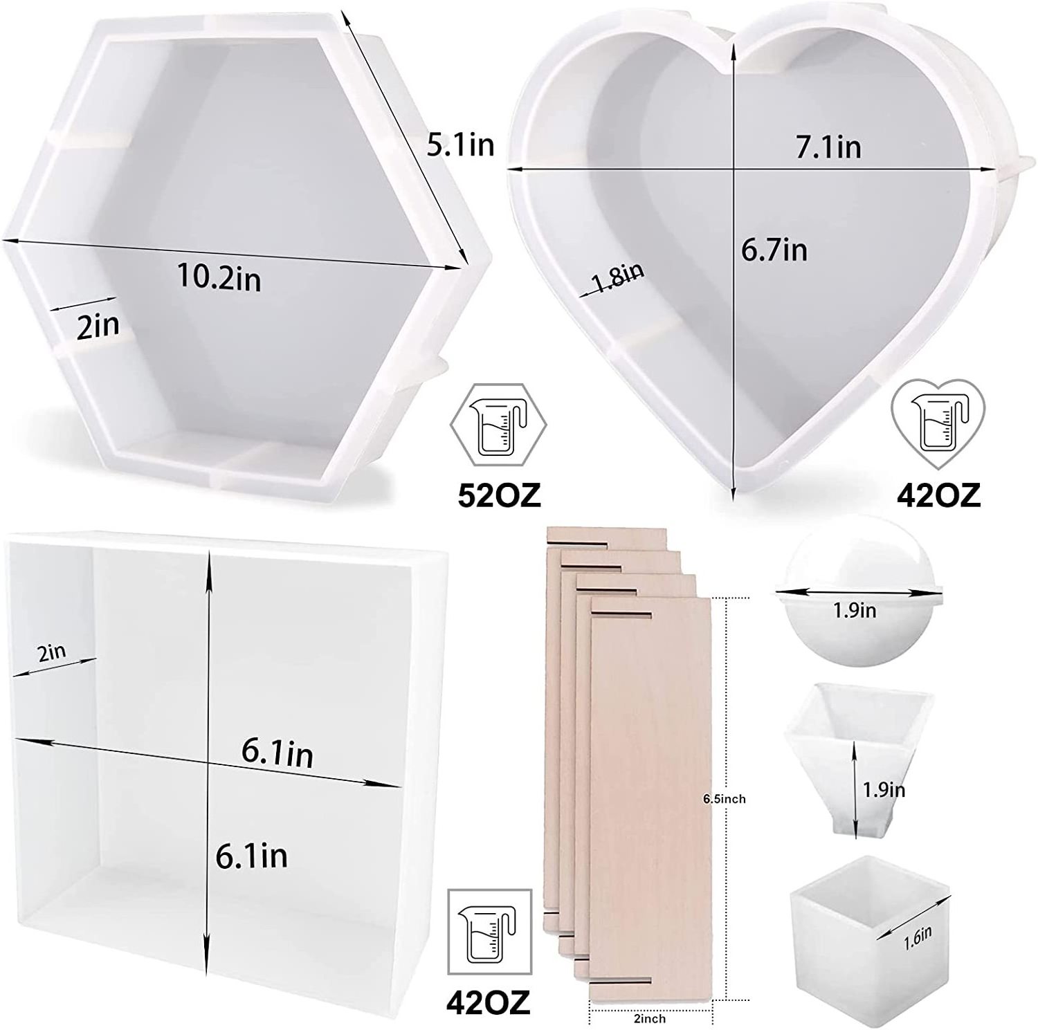 Large Resin Molds Silicone Kit bundle, Hexagon, Heart, Square Coaster Epoxy Resin Casting Mold for Flower Preservation Bookends