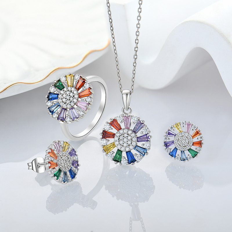 Customized fashion 925 sterling silver circle Rainbow Baguette Crystal Quartz Pendant Necklace Women