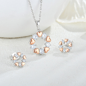 Xlove Custom Fine Jewelry Set Rose Gold Plated 925 Sterling Silver Zircon Cute Design Heart Necklace Earring Sets