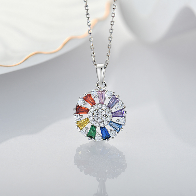 Customized fashion 925 sterling silver circle Rainbow Baguette Crystal Quartz Pendant Necklace Women