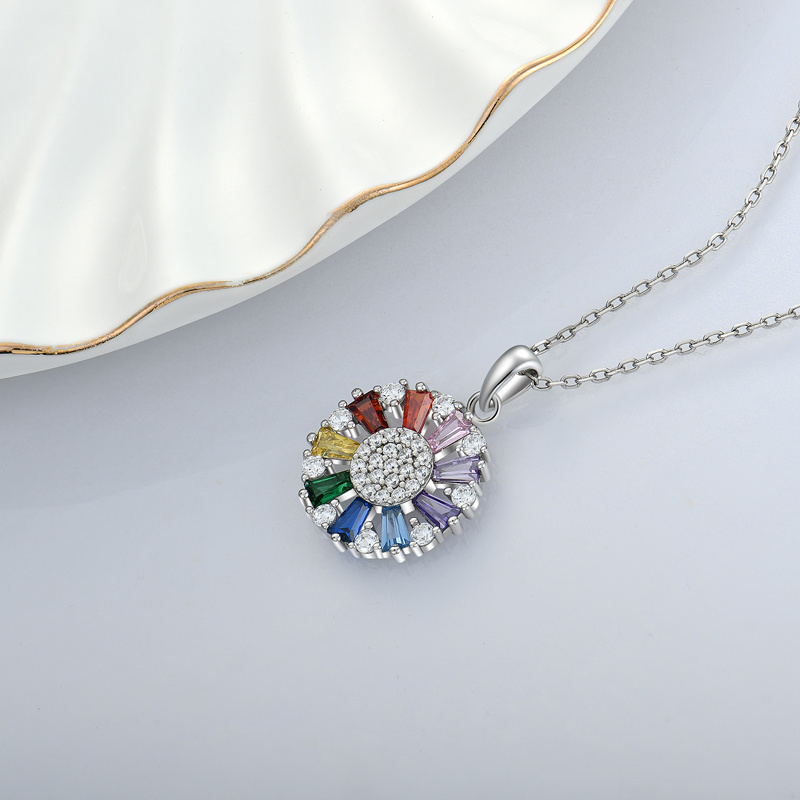 Customized fashion 925 sterling silver circle Rainbow Baguette Crystal Quartz Pendant Necklace Women