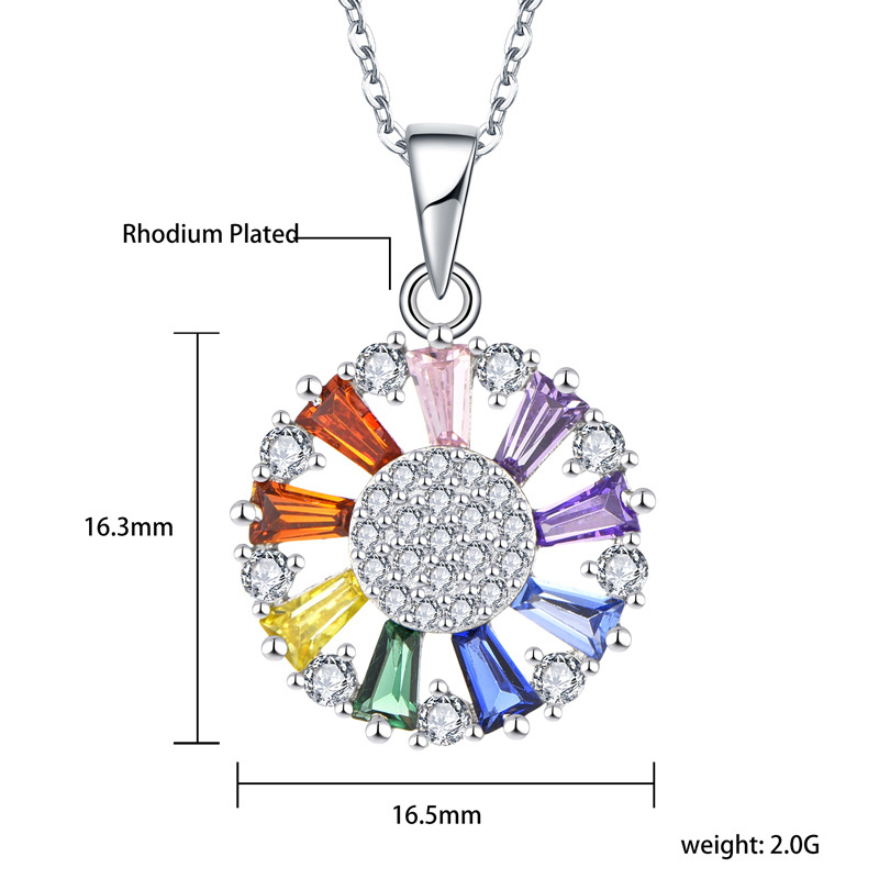 Customized fashion 925 sterling silver circle Rainbow Baguette Crystal Quartz Pendant Necklace Women