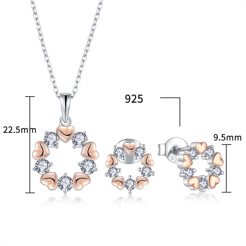 Xlove Custom Fine Jewelry Set Rose Gold Plated 925 Sterling Silver Zircon Cute Design Heart Necklace Earring Sets