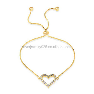 Women S925 Sterling silver Gold Plated Clear CZ Heart Bracelet xp