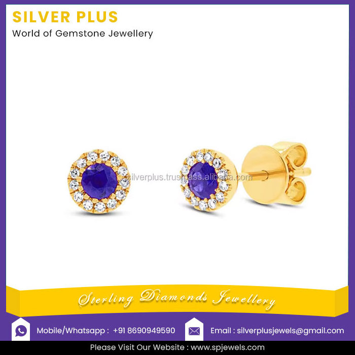 18K Solid Gold Blue Sapphire Diamond Stud Earrings At Wholesale Price