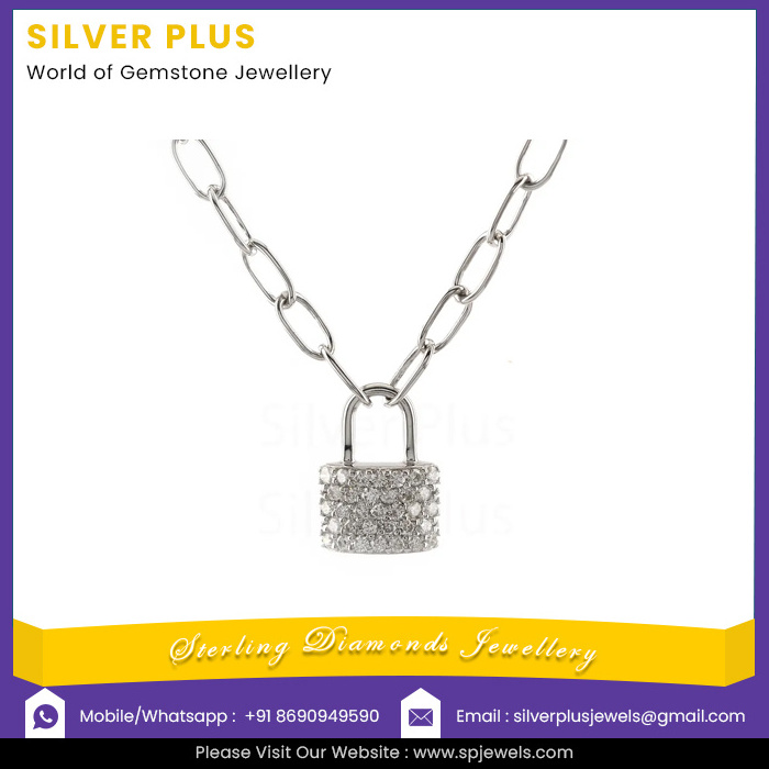 Genuine Pave Diamond Oval link Chain Padlock Pendant Necklace Solid 14K White Gold Bijoux Wholesale Gold Jewelry Manufacturer