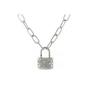 Genuine Pave Diamond Oval link Chain Padlock Pendant Necklace Solid 14K White Gold Bijoux Wholesale Gold Jewelry Manufacturer