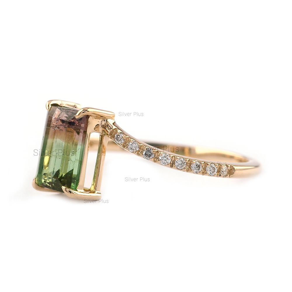 New Collection 14K Gold Natural Earth Mined Emerald Cut Watermelon Tourmaline Ring Bio from Indian Supplier