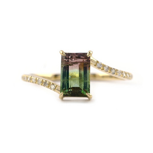 New Collection 14K Gold Natural Earth Mined Emerald Cut Watermelon Tourmaline Ring Bio from Indian Supplier