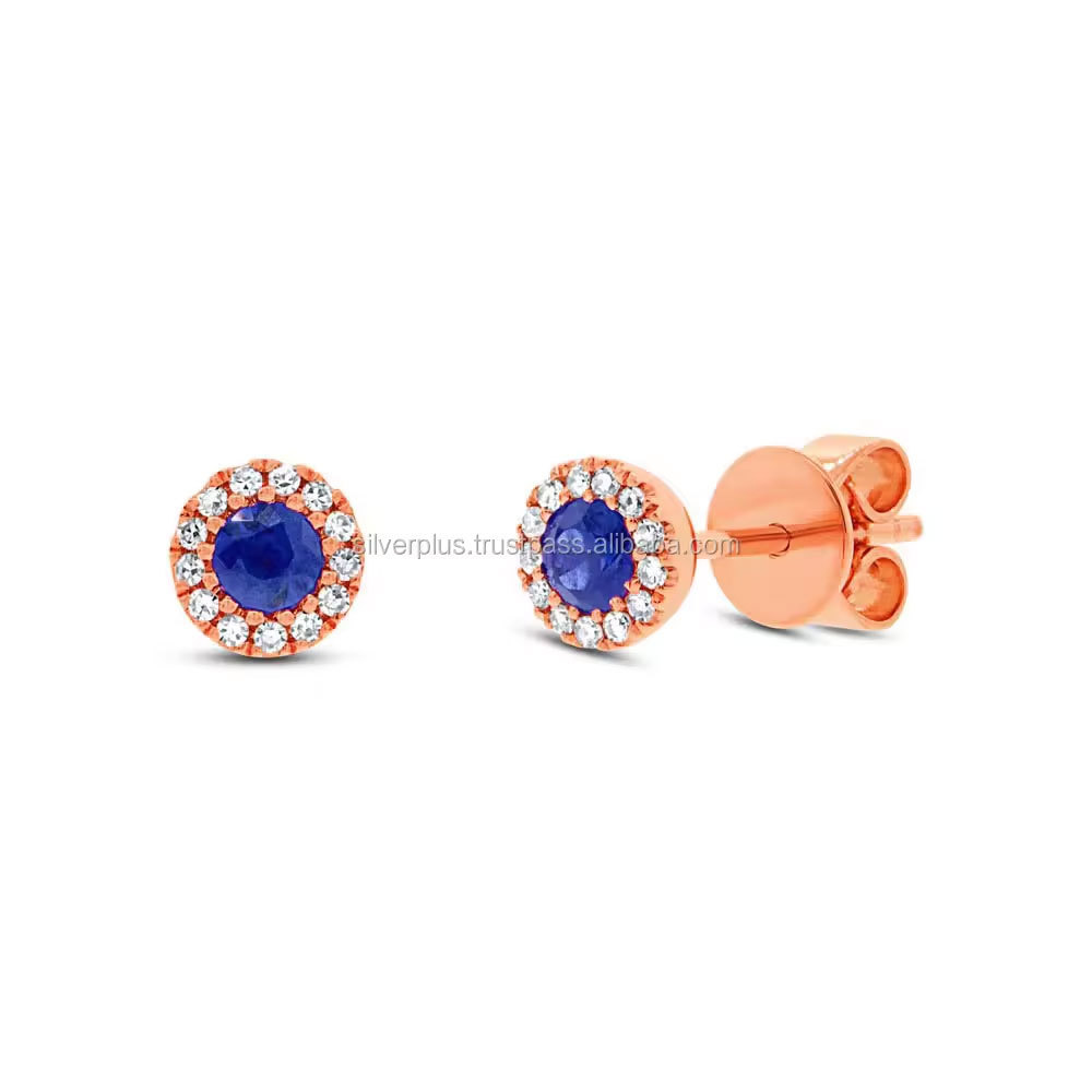 18K Solid Gold Blue Sapphire Diamond Stud Earrings At Wholesale Price