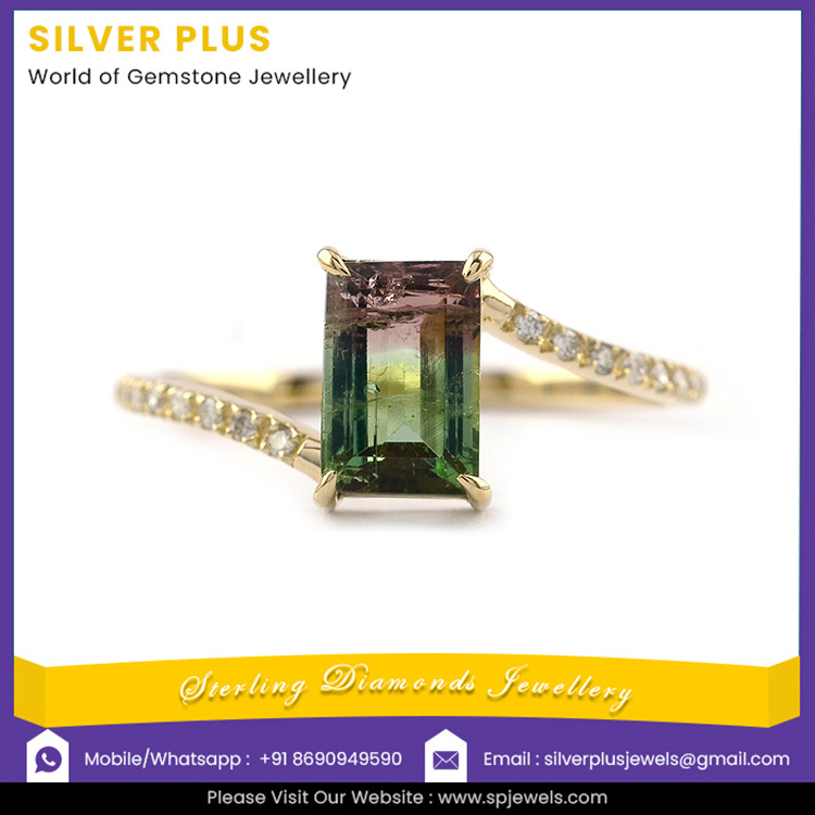 New Collection 14K Gold Natural Earth Mined Emerald Cut Watermelon Tourmaline Ring Bio from Indian Supplier