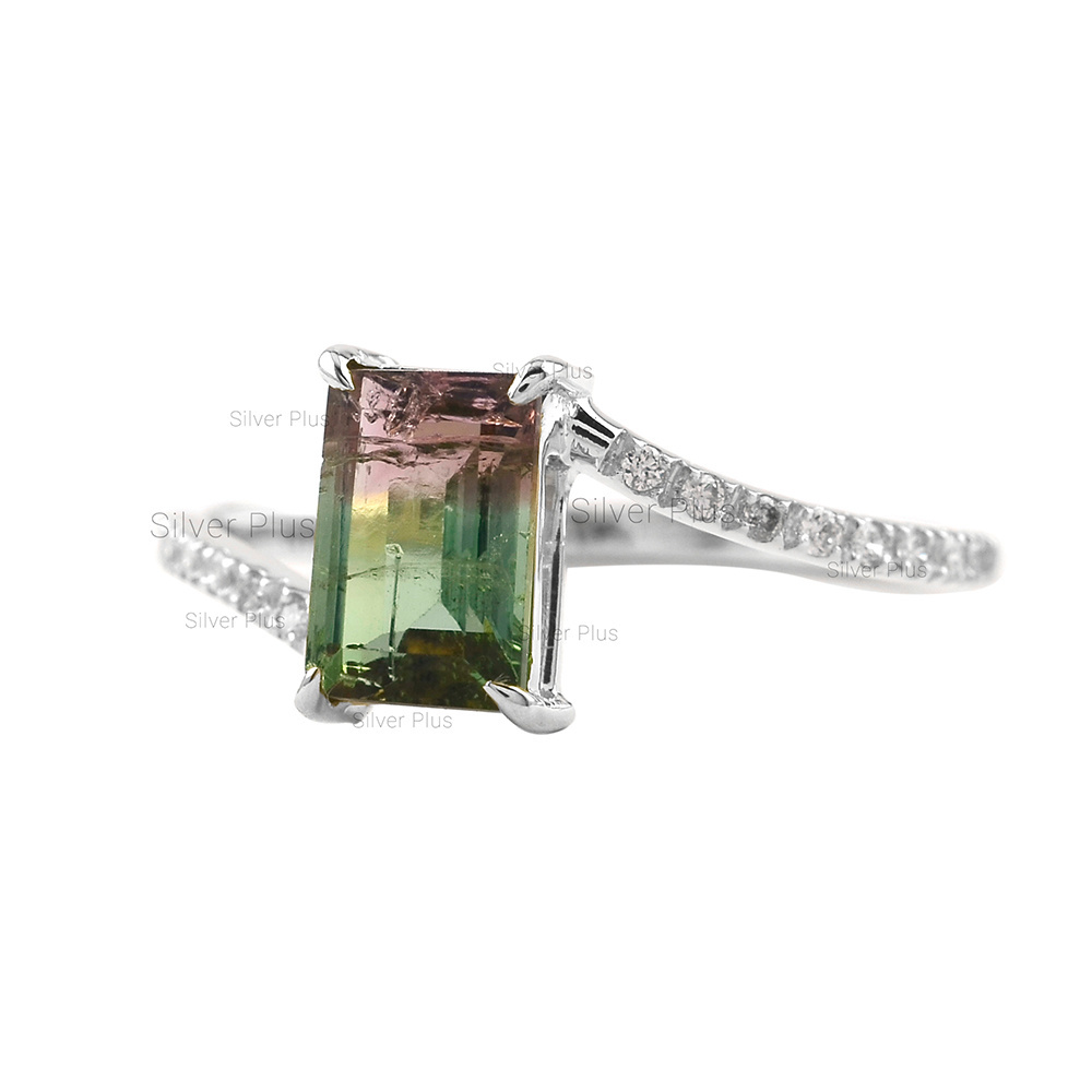 New Collection 14K Gold Natural Earth Mined Emerald Cut Watermelon Tourmaline Ring Bio from Indian Supplier