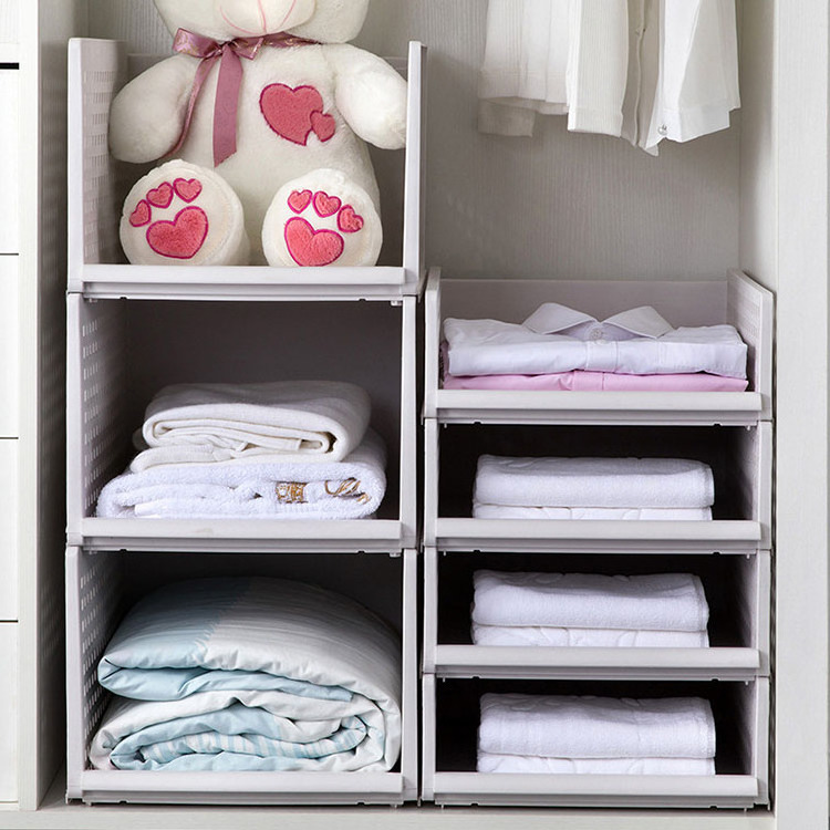 Hot Sale Plastic White Stackable Storage Shelves Collapsible Cabinet Baskets Wardrobe Organizer Clothes For Drawer Bedroom