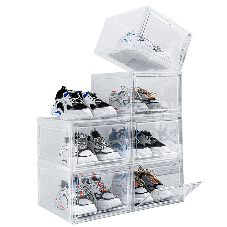 Wholesale Plastic Display Case Shoe Collection Storage Clear Sneaker Boxes Stackable with Magnetic Door