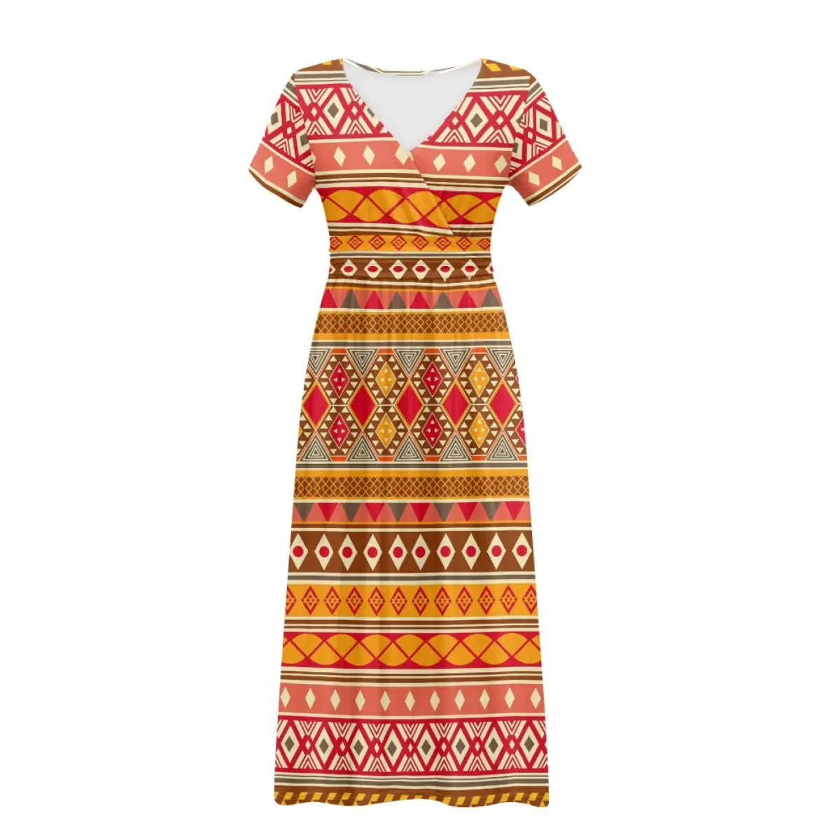 2024 New Design Summer Short Sleeve Deep V-neck Long Dress Custom African Tribal Pattern Dresses For Women Custom Party Clothing