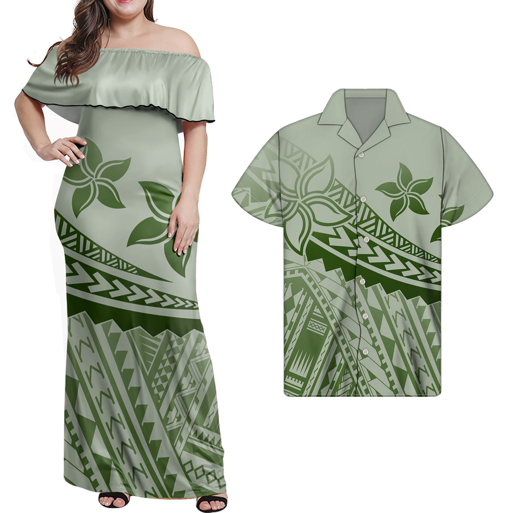 Couple Plus Size Summer Dress with Hawaiian Shirt Polynesian Tribal Samoan Puletasi Off Shoulder Dress Loose Dress for Women