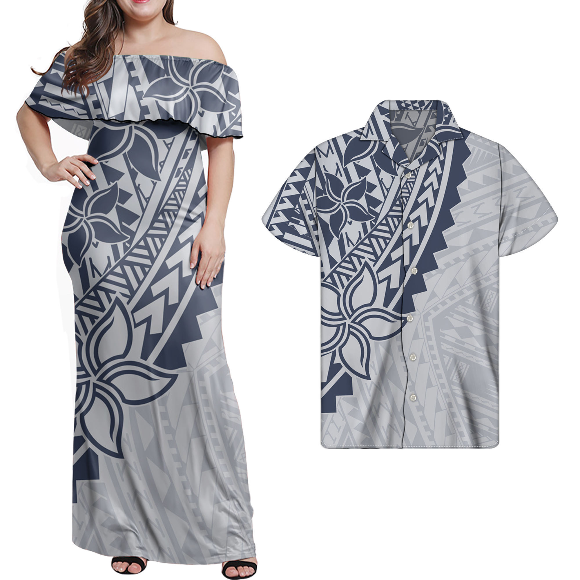 Couple Plus Size Summer Dress with Hawaiian Shirt Polynesian Tribal Samoan Puletasi Off Shoulder Dress Loose Dress for Women