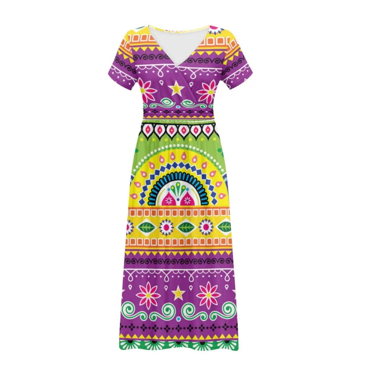 2024 New Design Summer Short Sleeve Deep V-neck Long Dress Custom African Tribal Pattern Dresses For Women Custom Party Clothing