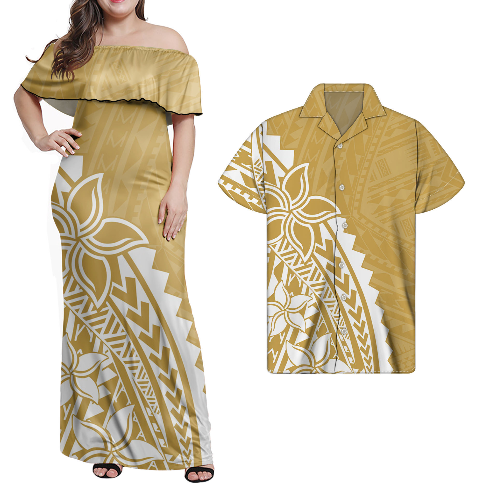 Couple Plus Size Summer Dress with Hawaiian Shirt Polynesian Tribal Samoan Puletasi Off Shoulder Dress Loose Dress for Women