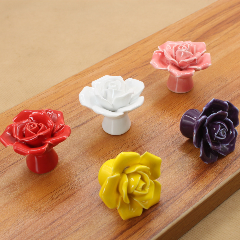 Pink Rose Pulls Flower Ceramic Cabinet Knobs Cupboard Drawer Pull Handles JK