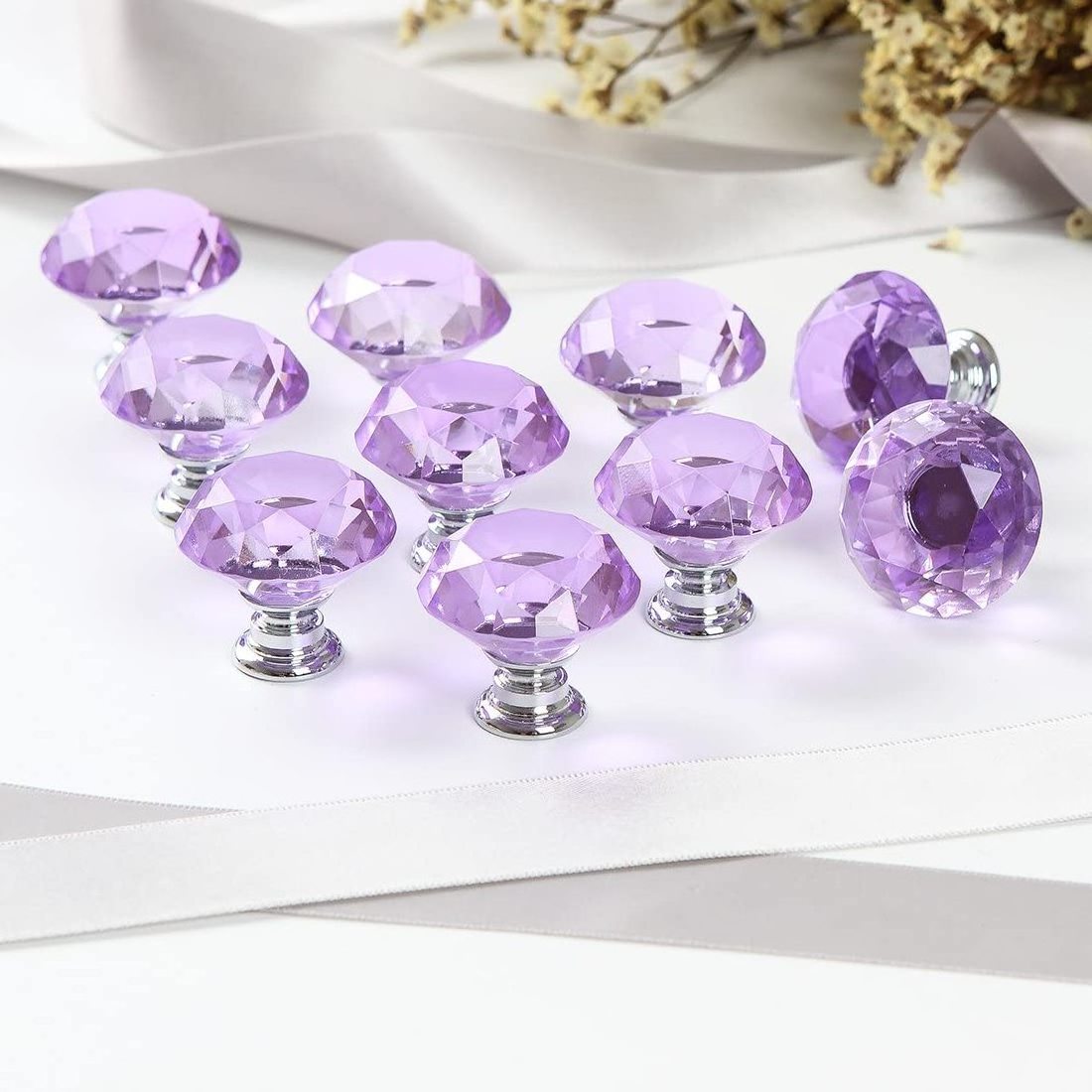 Purple 30mm Zinc Alloy Fancy New Cabinet Handles Drawer Knobs Diamond Shaped Crystal Glass Cabinet Knobs Pull Handles JK