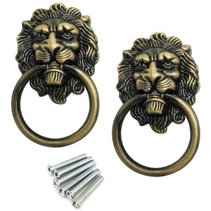 Vintage Lion Head Knobs Pulls Handles Antique Drawer Ring Decorative Hardware Furniture Brass knobs JK