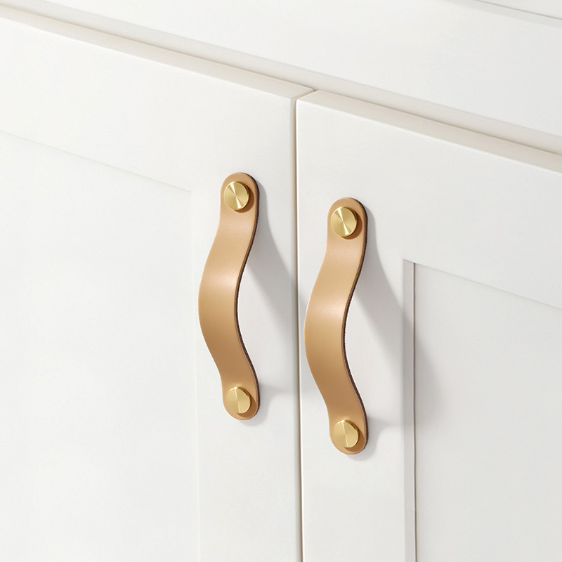 Leather knobs and pulls with Fashionable Gold Brass Replacement of Traditional Metal Cabinet Knobs JK