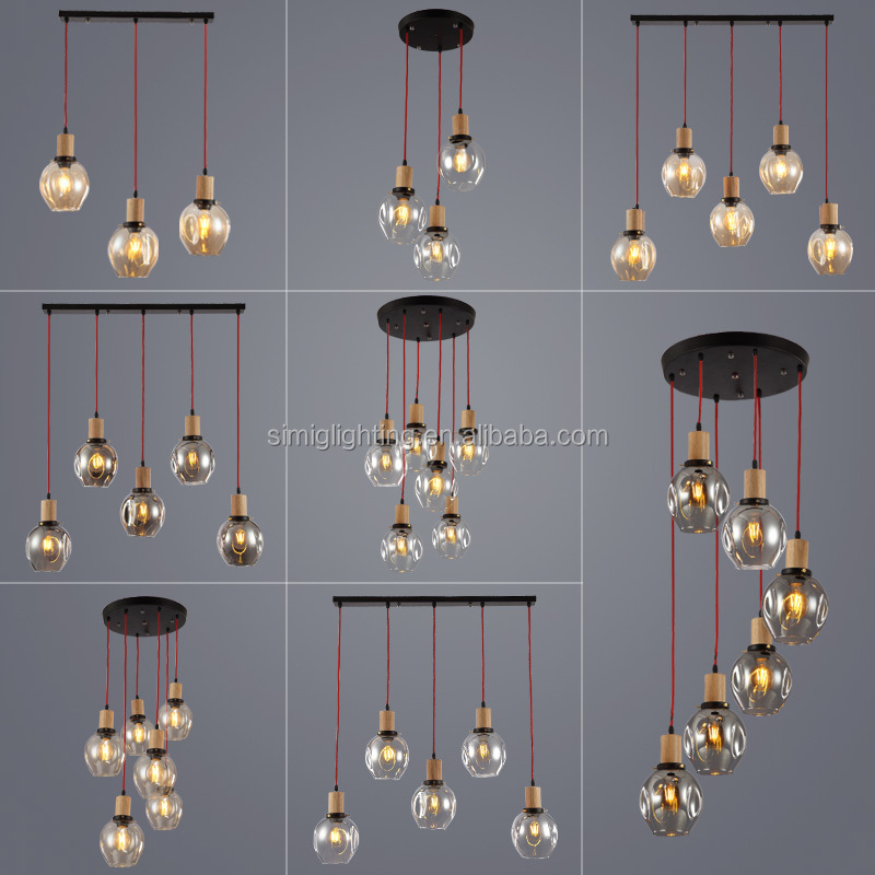 Simig lighting Modern Industrial round glass kitchen island hanging 5 bulbs Pendant light with E27 Edison bulbs