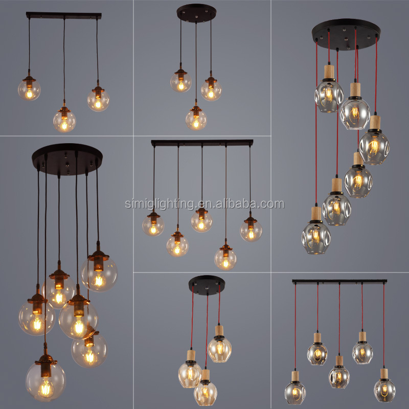 Simig lighting Modern Industrial round glass kitchen island hanging 5 bulbs Pendant light with E27 Edison bulbs