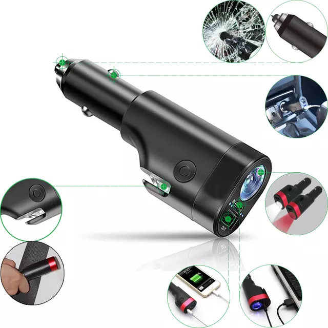 Multi-function 6 in 1 Phone Car Charger Power Bank with Led Torch alarm lamp safety hammer & seat belt cutter Emergency Tool